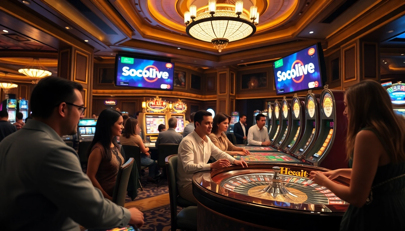 Engage in thrilling casino experiences with Socolive TV, showcasing gamblers enjoying poker and roulette at luxurious tables.