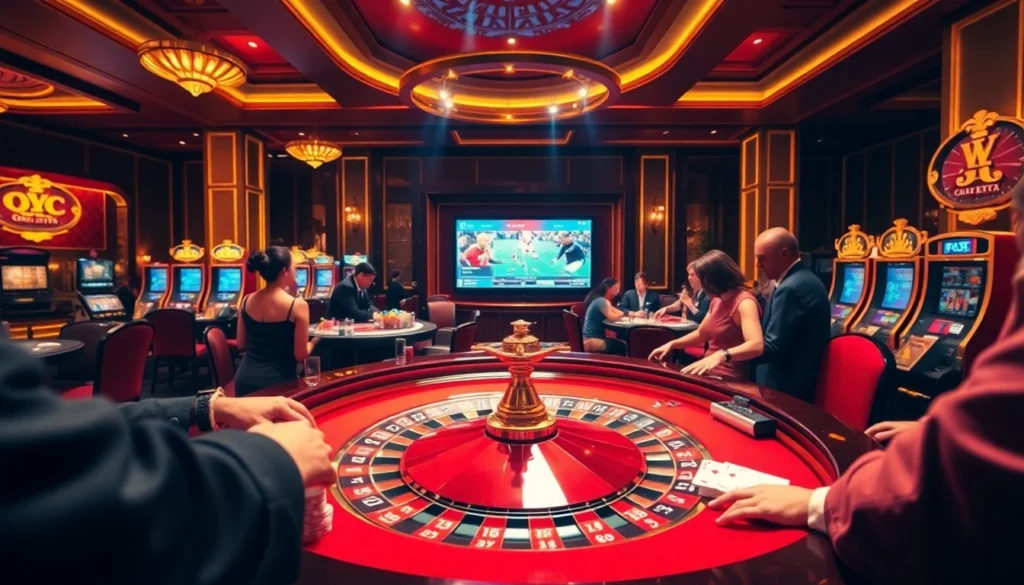 Experience the thrill of gambling at cakhiatv with a vibrant casino scene showing roulette, poker, and action-packed gaming.